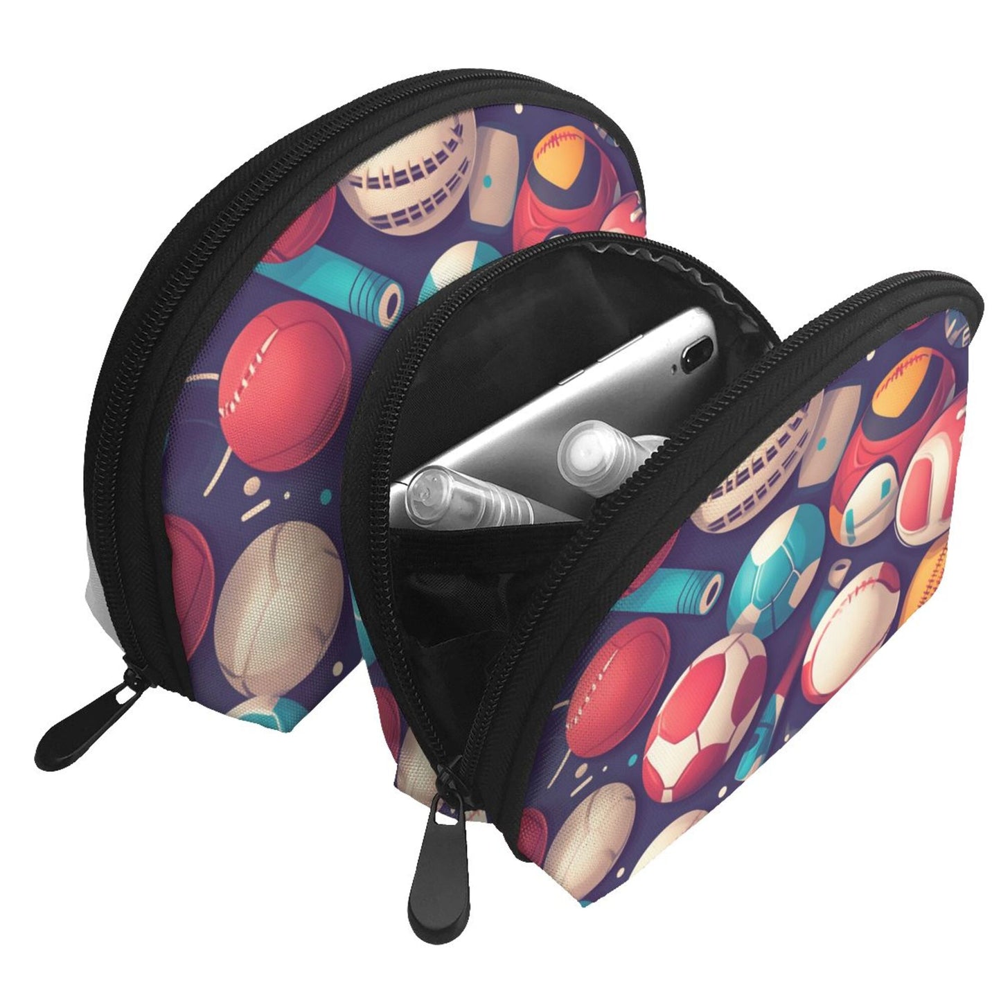 Sports Pattern Cosmetic Bag Set – 2 Sizes Travel Toiletry Organizer – 9"x6"x3.5" & 7.5"x5"x2.5" Zipper Makeup Pouch for Women & Girls
