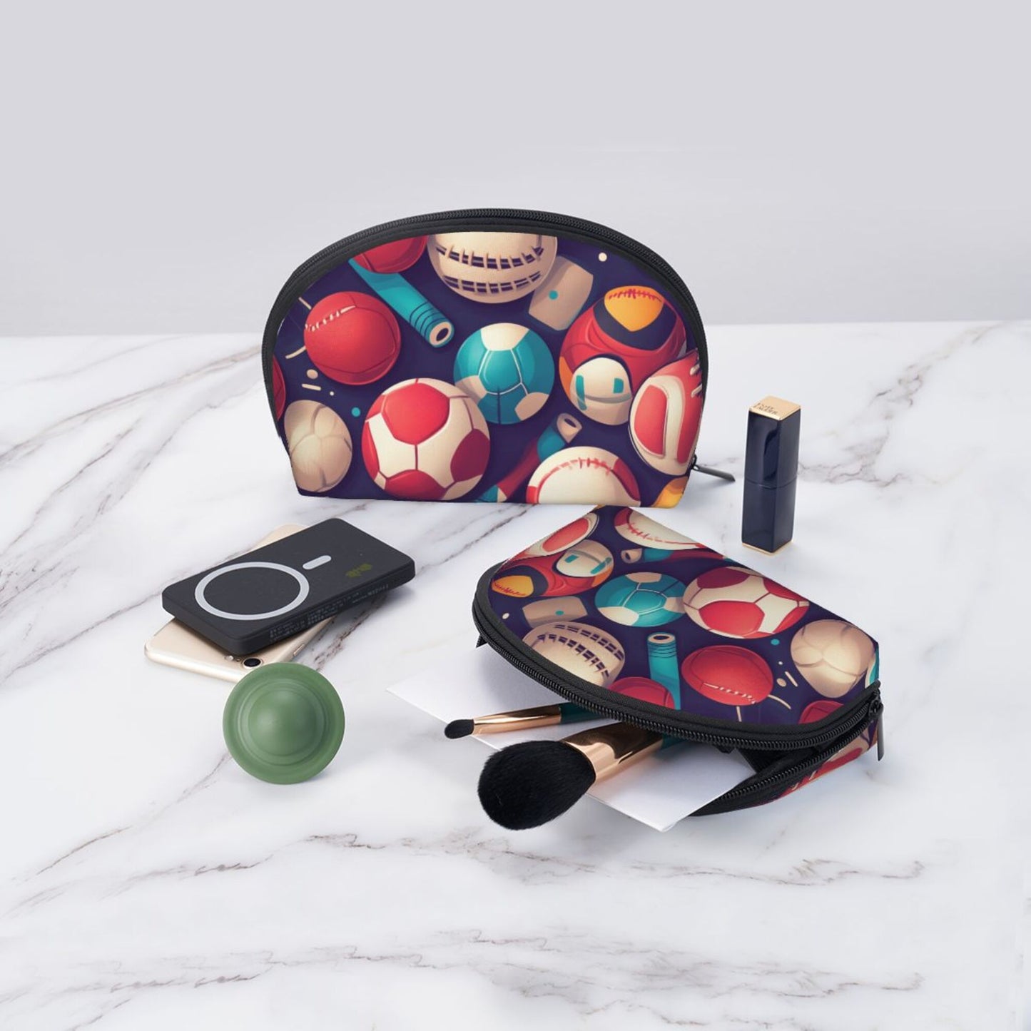Sports Pattern Cosmetic Bag Set – 2 Sizes Travel Toiletry Organizer – 9"x6"x3.5" & 7.5"x5"x2.5" Zipper Makeup Pouch for Women & Girls