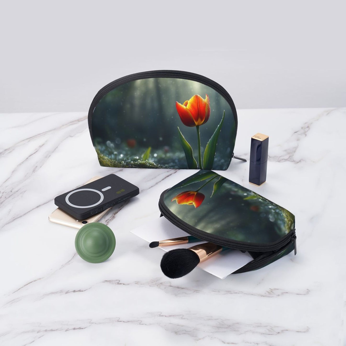 Tulip Blossom Makeup Bag Set｜Water-Resistant Travel Cosmetic Pouch Duo