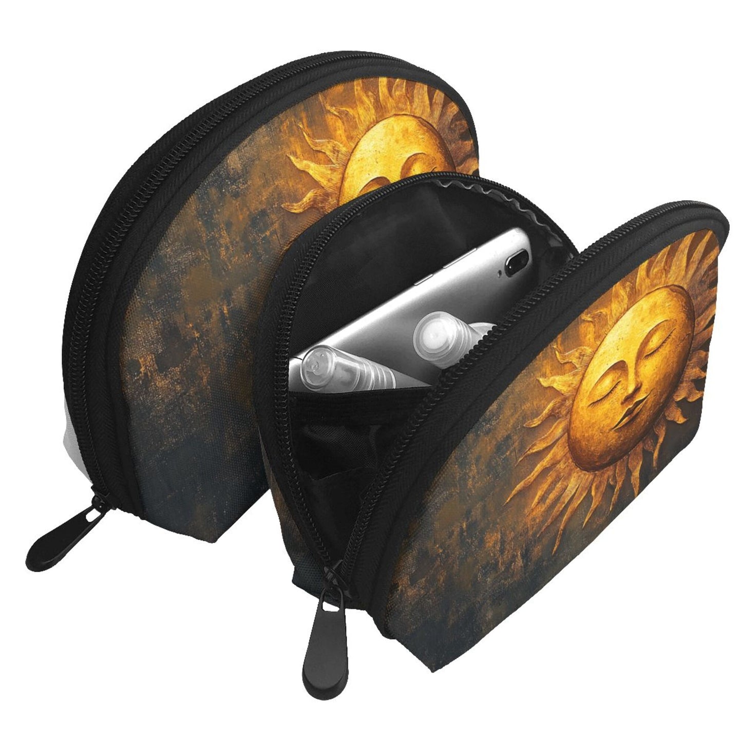 Vintage Gold Sun Cosmetic Bag Set｜Mystic Art Style Waterproof Travel Pouches