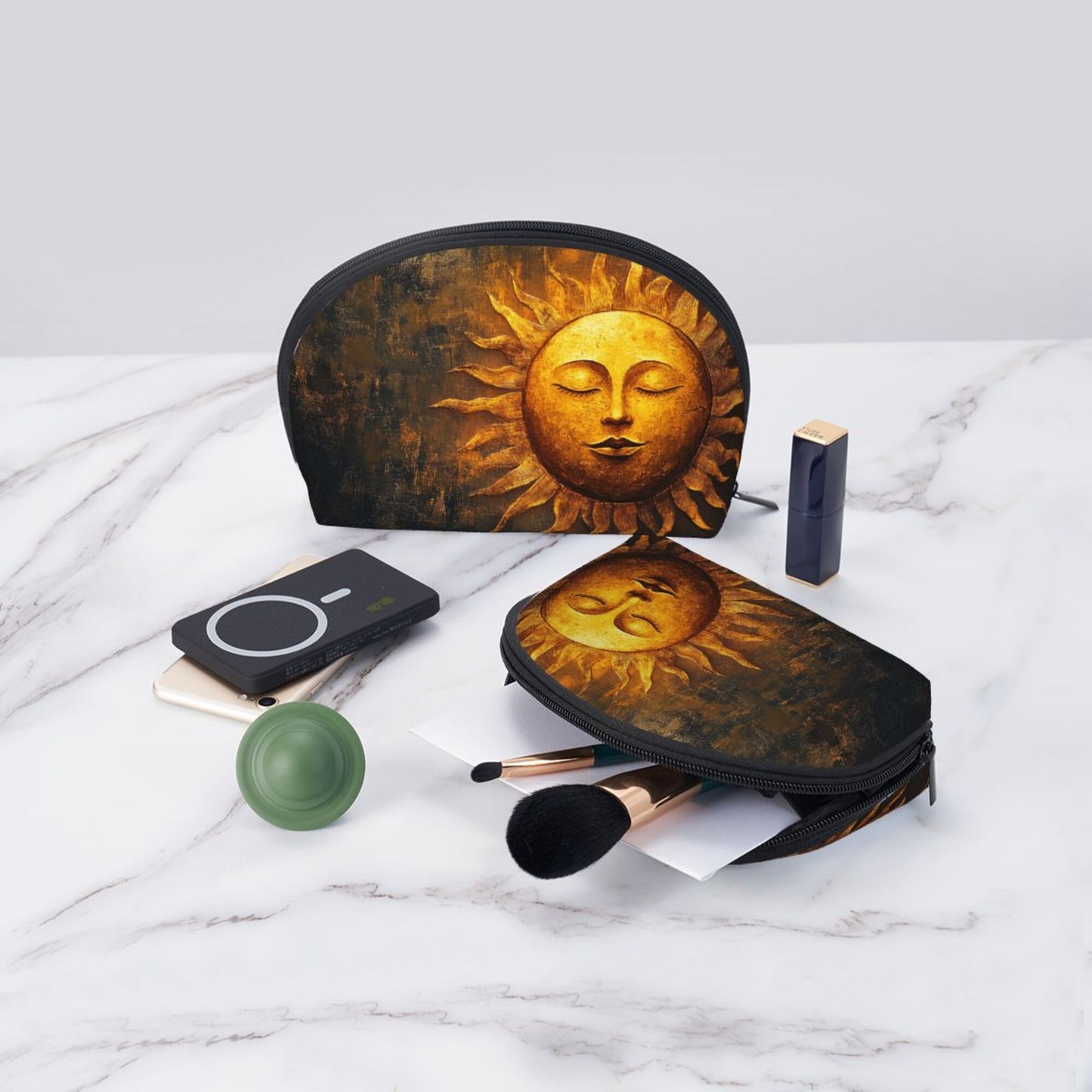 Vintage Gold Sun Cosmetic Bag Set｜Mystic Art Style Waterproof Travel Pouches
