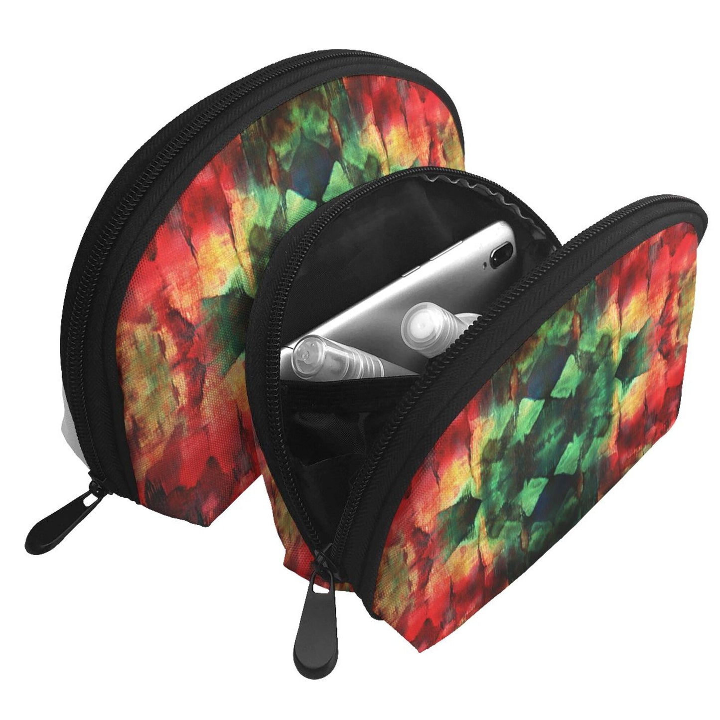Tie-Dye Style Makeup Bag Set｜Waterproof Cosmetic Pouch Duo｜Red-Green Gradient Design