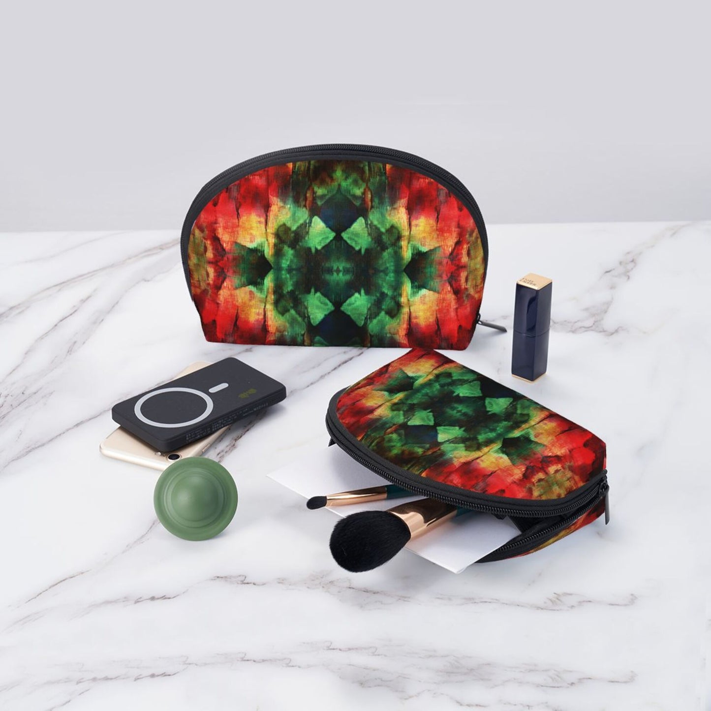 Tie-Dye Style Makeup Bag Set｜Waterproof Cosmetic Pouch Duo｜Red-Green Gradient Design