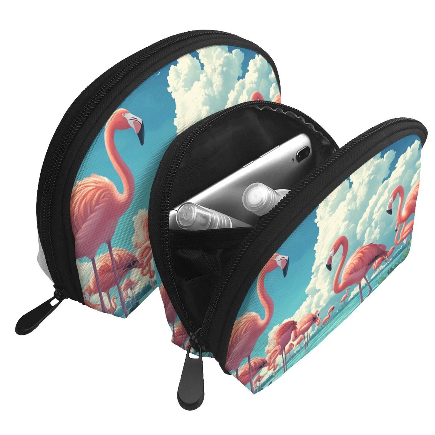 Flamingo Print Makeup Bag Set｜Tropical Sky Design｜Portable Cosmetic Storage Duo