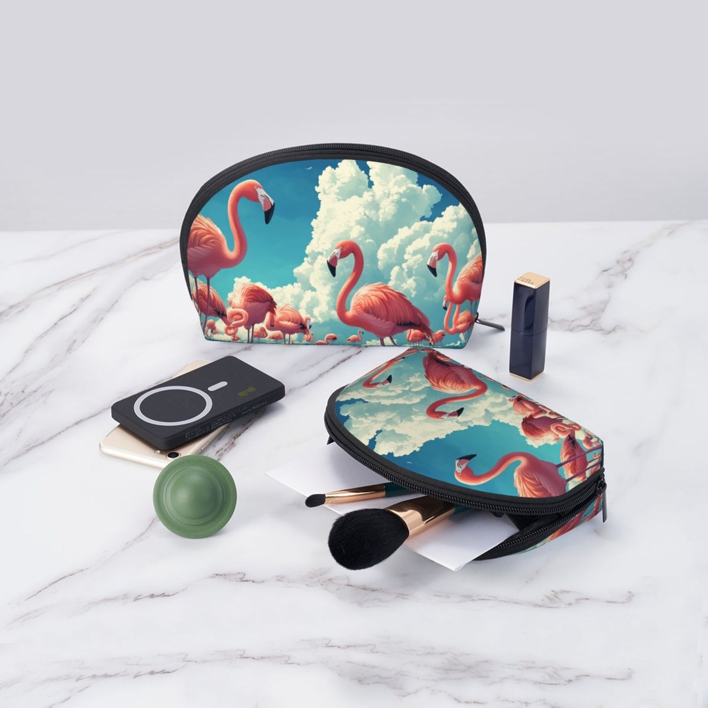 Flamingo Print Makeup Bag Set｜Tropical Sky Design｜Portable Cosmetic Storage Duo