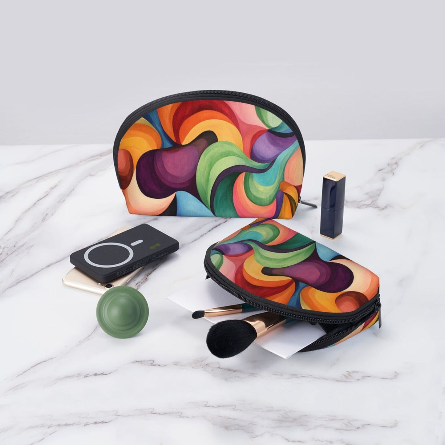Abstract Art Makeup Bag Set｜Colorful Swirl Pattern Cosmetic Organizer｜Water-Resistant Pouch Duo