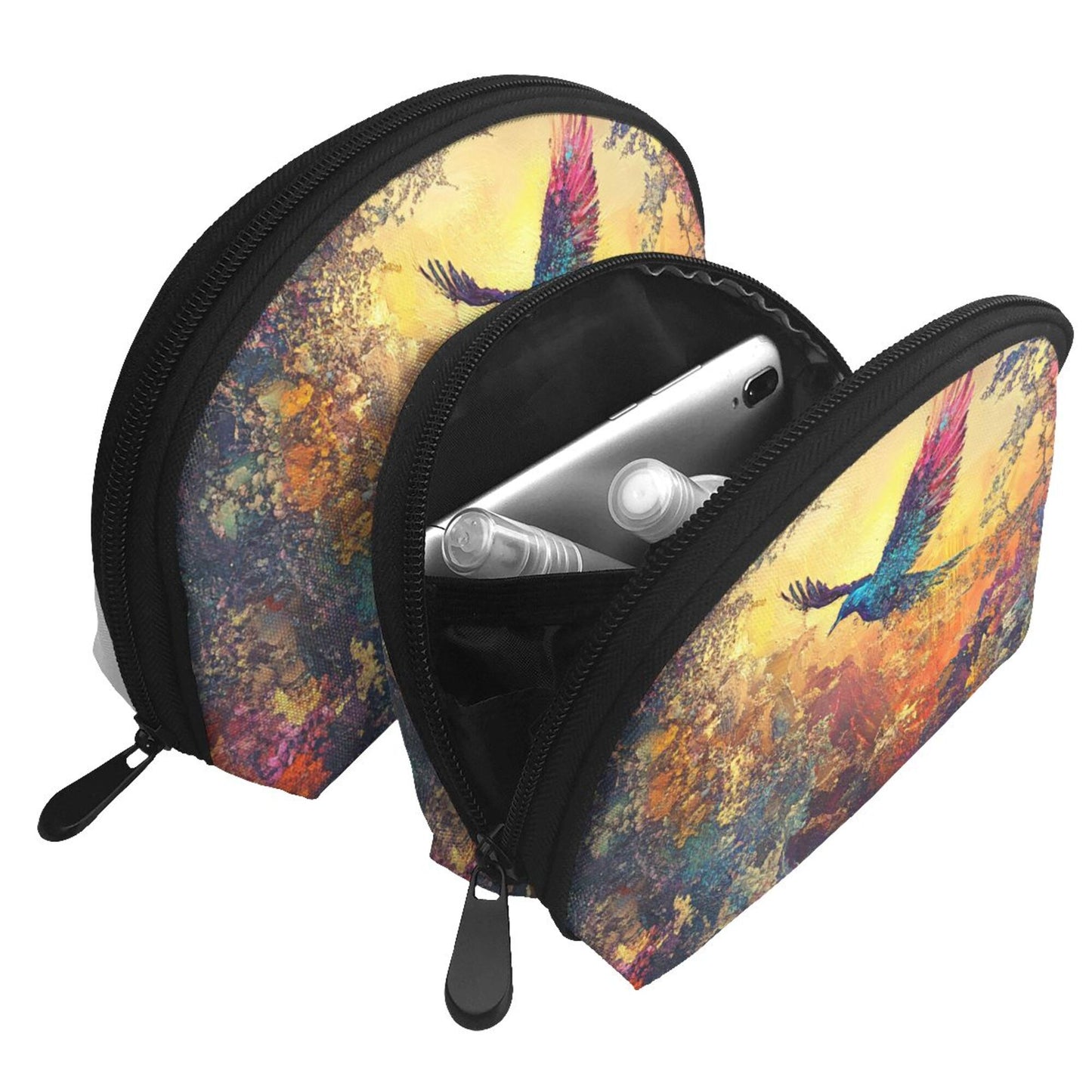 Flying Bird Abstract Makeup Bag Set｜Art-Inspired Travel Cosmetic Pouches｜Water-Resistant Organizer Duo
