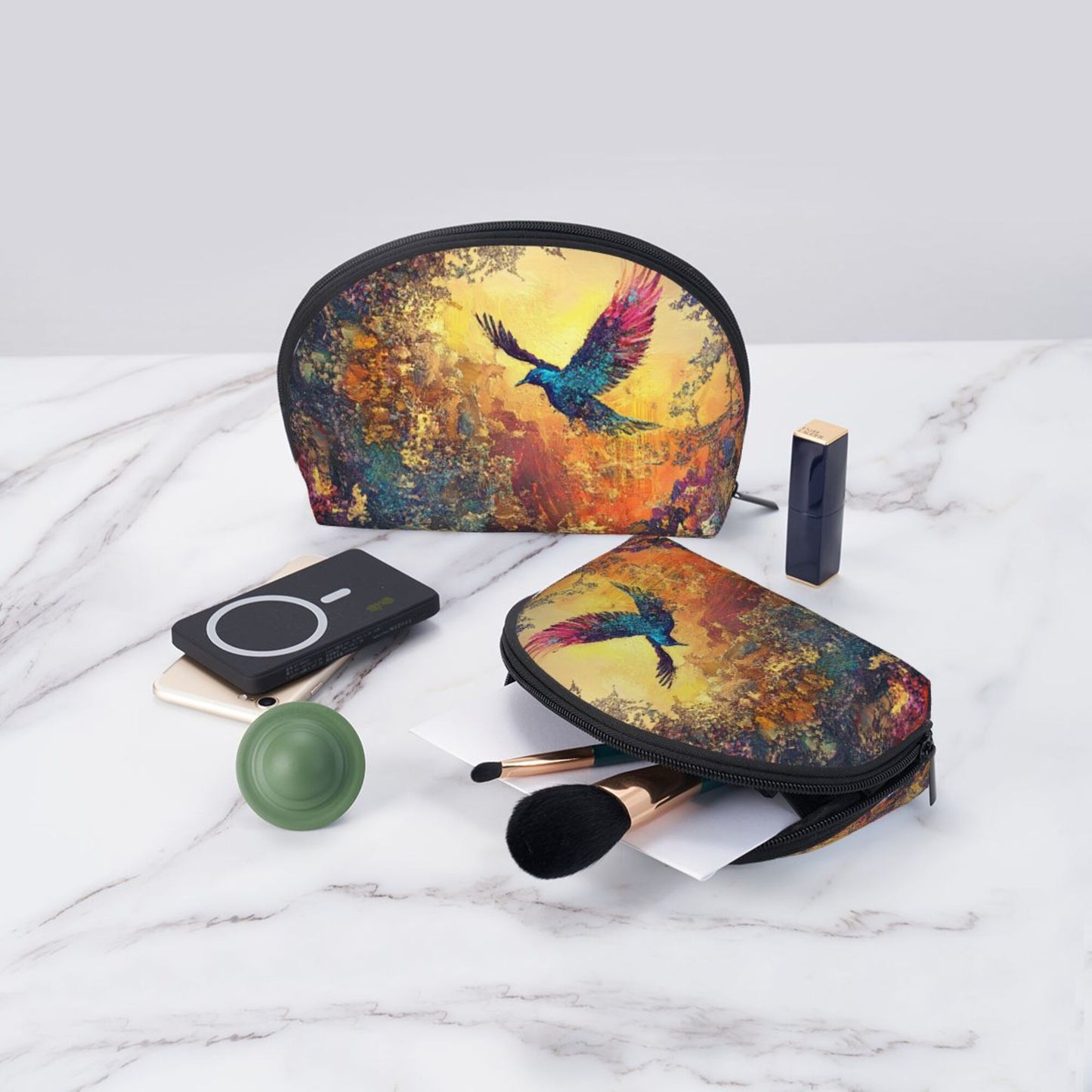Flying Bird Abstract Makeup Bag Set｜Art-Inspired Travel Cosmetic Pouches｜Water-Resistant Organizer Duo