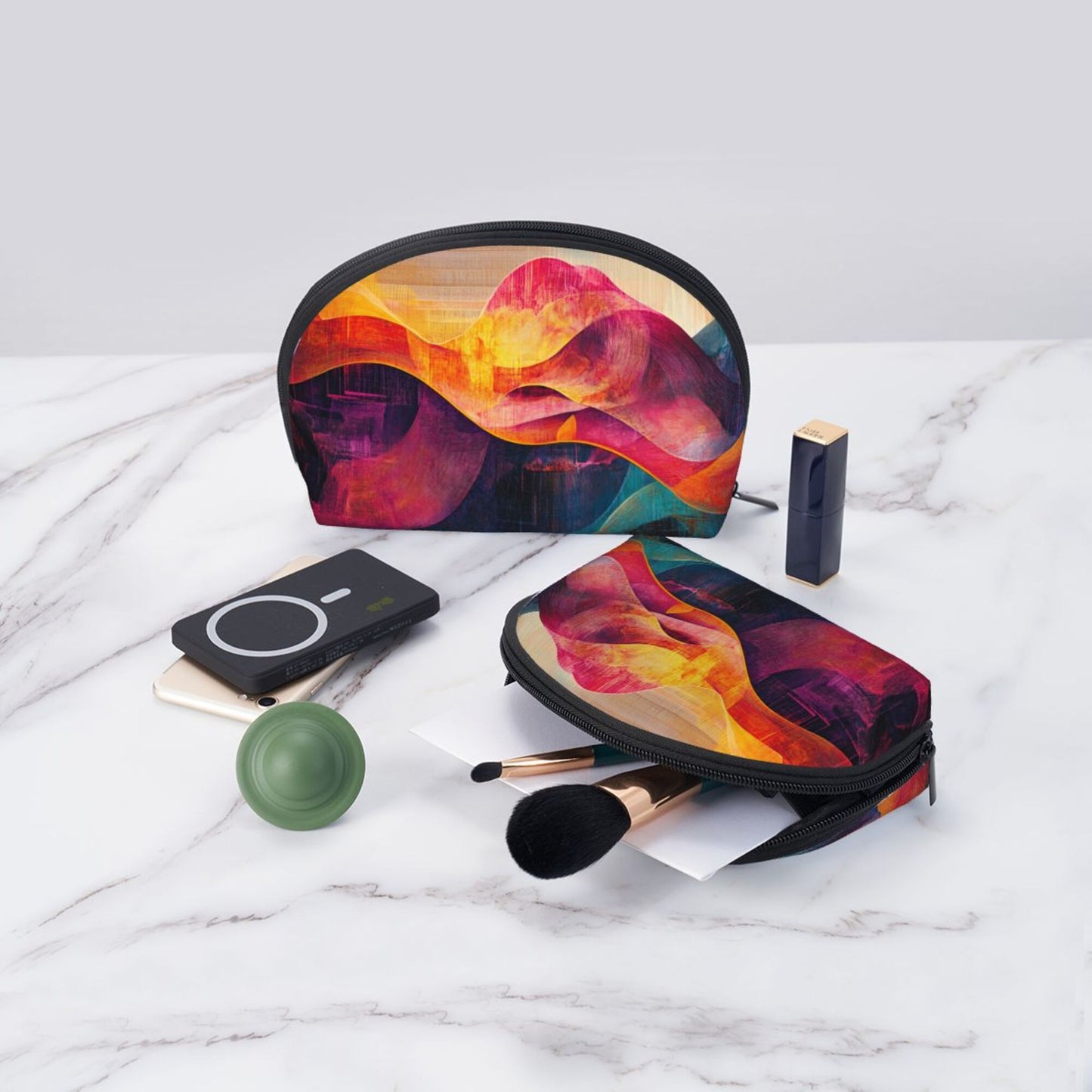 Abstract Art Makeup Bag Set｜Colorful Wave Cosmetic Pouch Duo｜Waterproof Travel Toiletry Organizer
