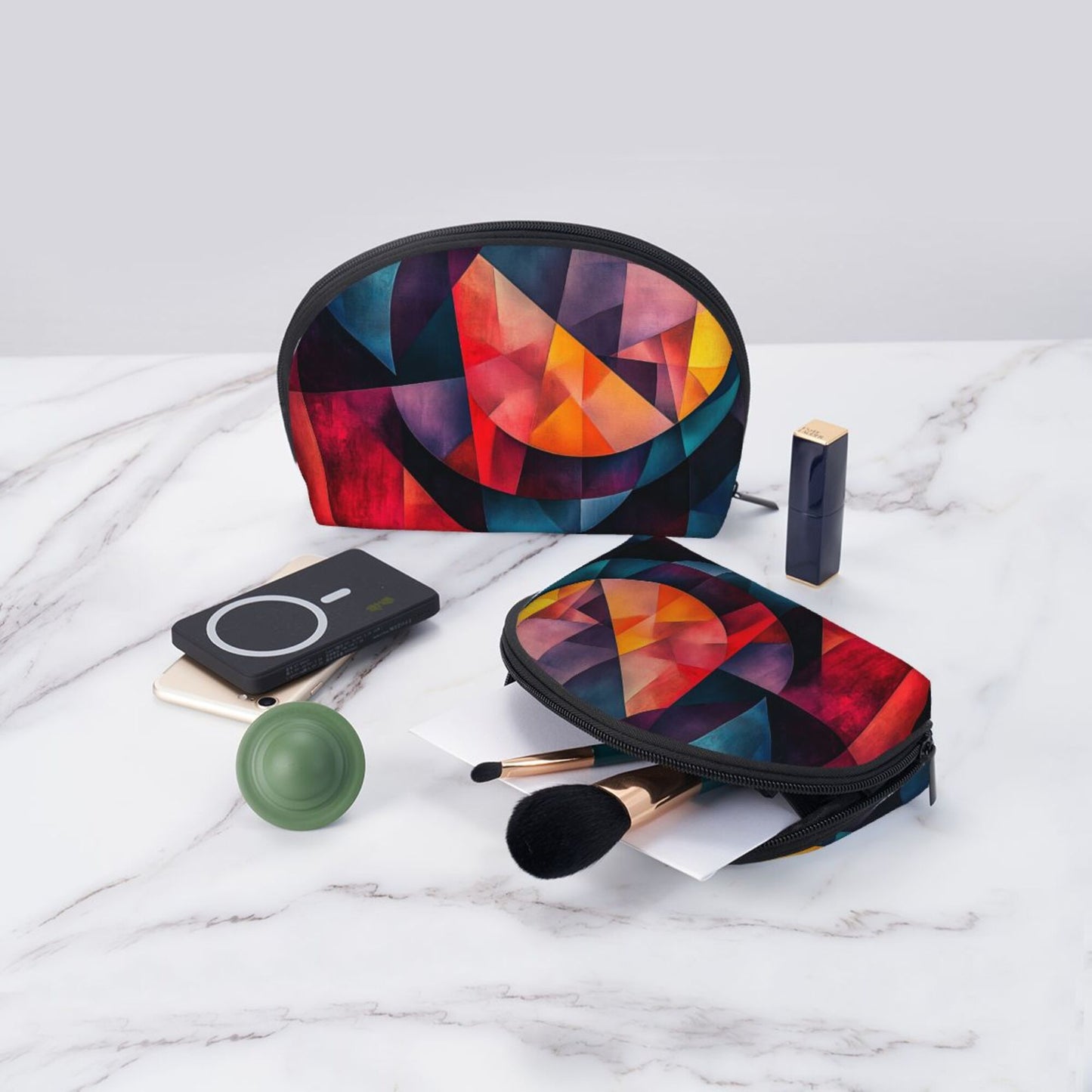 Geometric Color Block Makeup Bag Set｜Modern Abstract Cosmetic Organizer Duo｜Waterproof Travel Toiletry Pouches