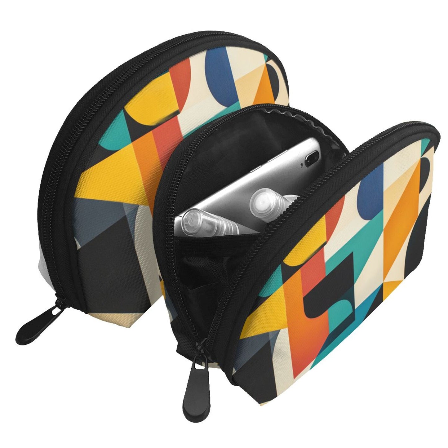 Color Block Geometric Makeup Bag Set｜Modern Abstract Travel Cosmetic Pouches｜Water-Resistant Double Organizer Bags