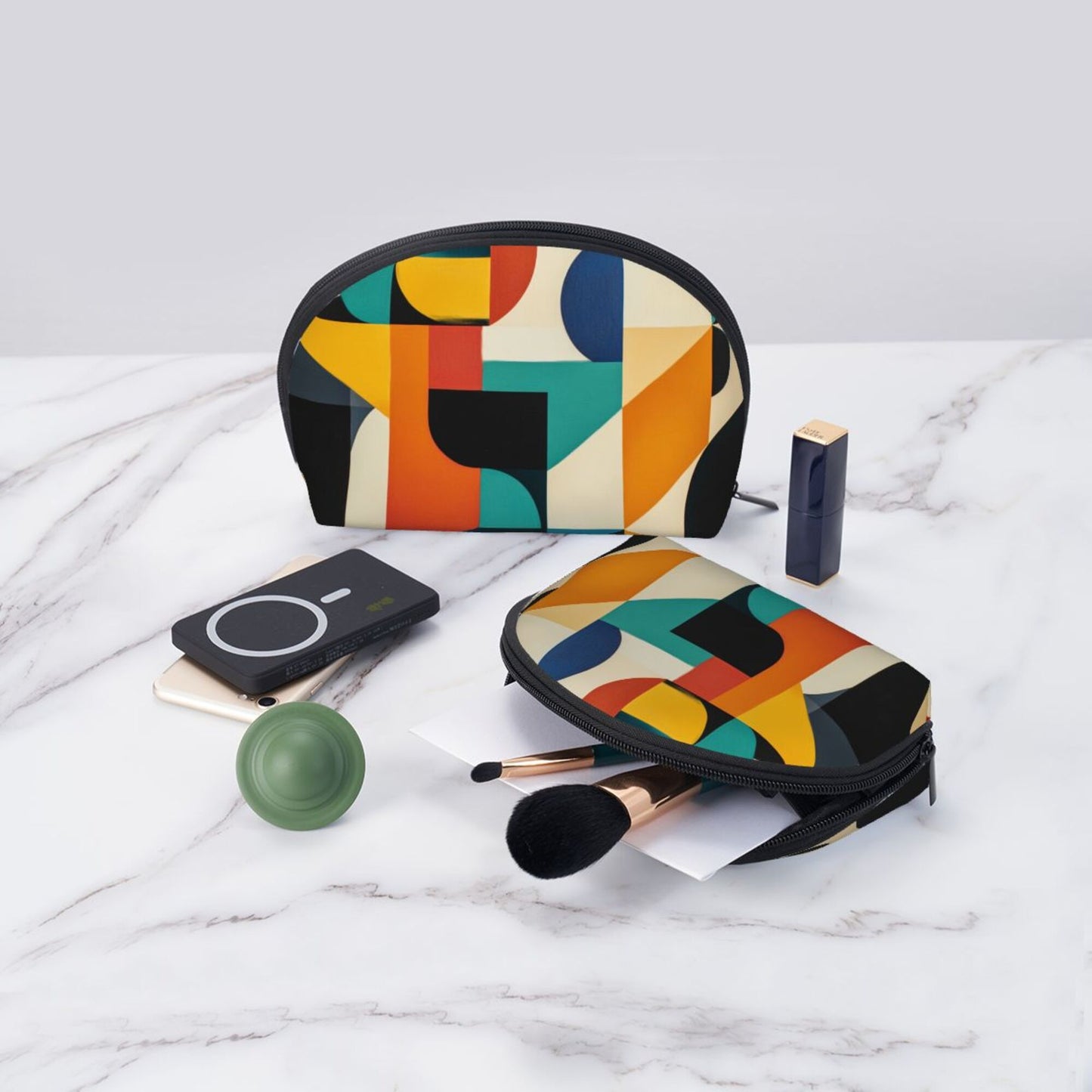 Color Block Geometric Makeup Bag Set｜Modern Abstract Travel Cosmetic Pouches｜Water-Resistant Double Organizer Bags