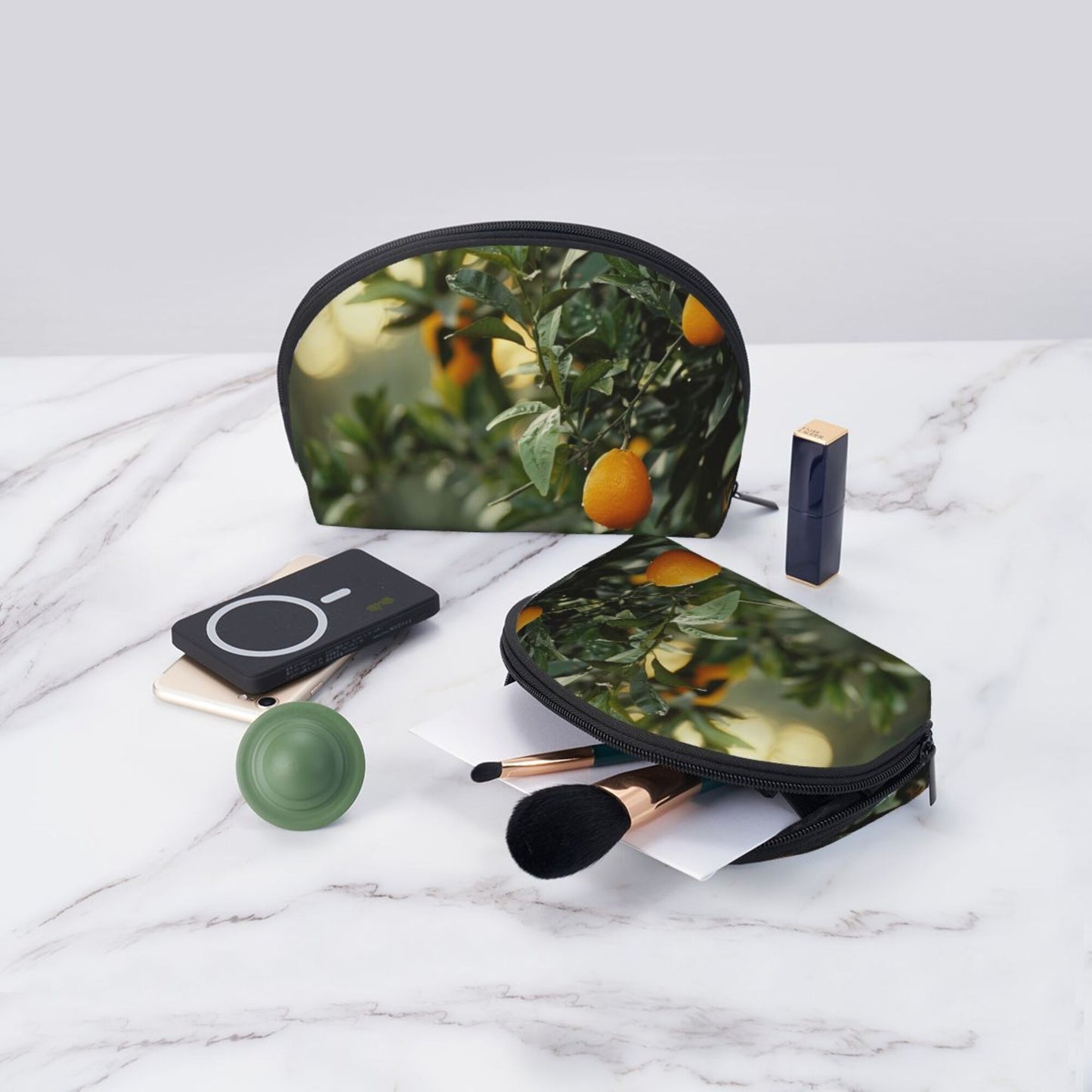 Citrus Orchard Makeup Bag Set｜Nature-Inspired Travel Pouches｜Water-Resistant Cosmetic Organizer Duo