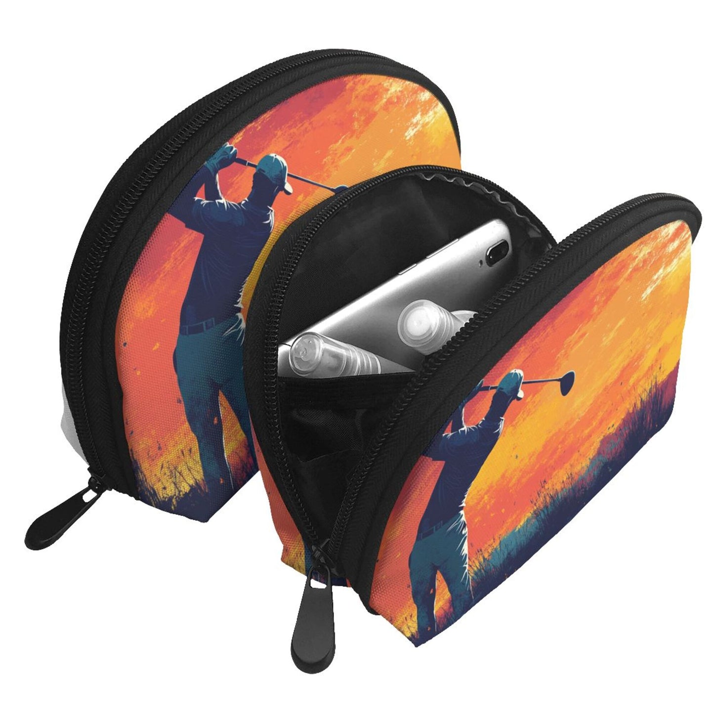 Sunset Golf Silhouette Cosmetic Bag Set｜Sporty Travel Pouches for Men & Women｜Water-Resistant Organizer Duo