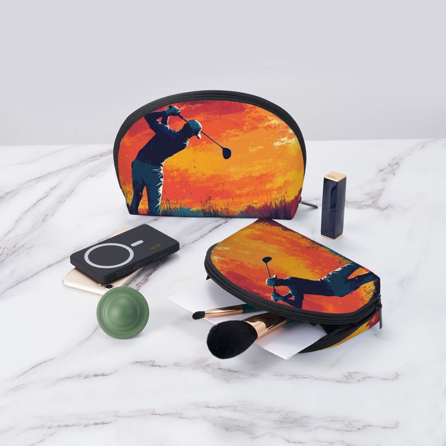 Sunset Golf Silhouette Cosmetic Bag Set｜Sporty Travel Pouches for Men & Women｜Water-Resistant Organizer Duo